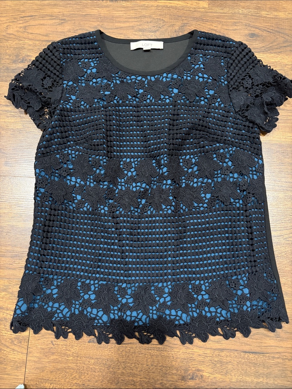 LOFT Black Lace Overlay Short Sleeve Blouse with Blue Lining